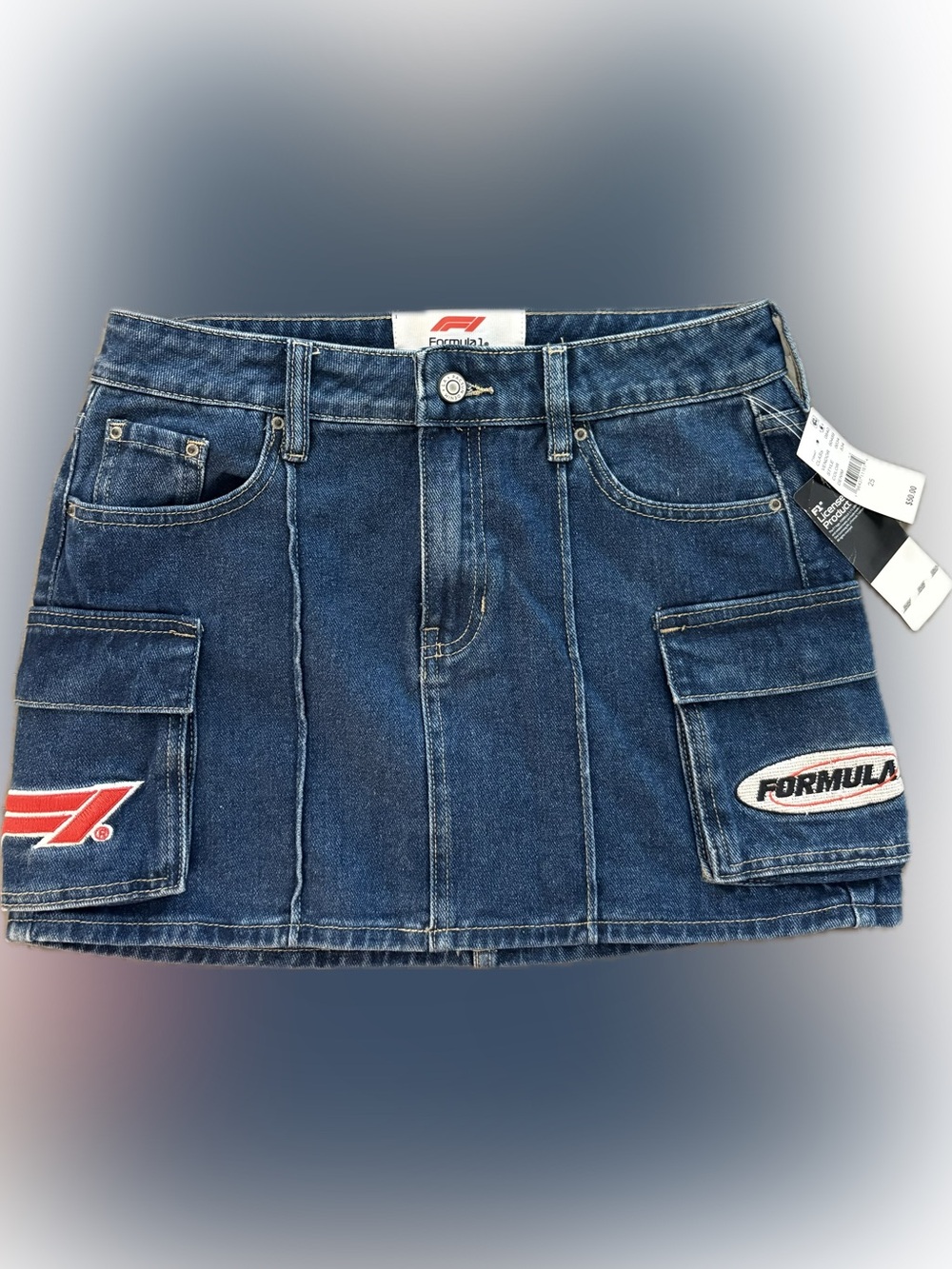 Formula1 Denim Cargo Mini Skirt in Dark Blue